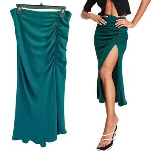 ASOS DESIGN Midi Skirt with Ruched Side and Button Detail Dark Green Size 10